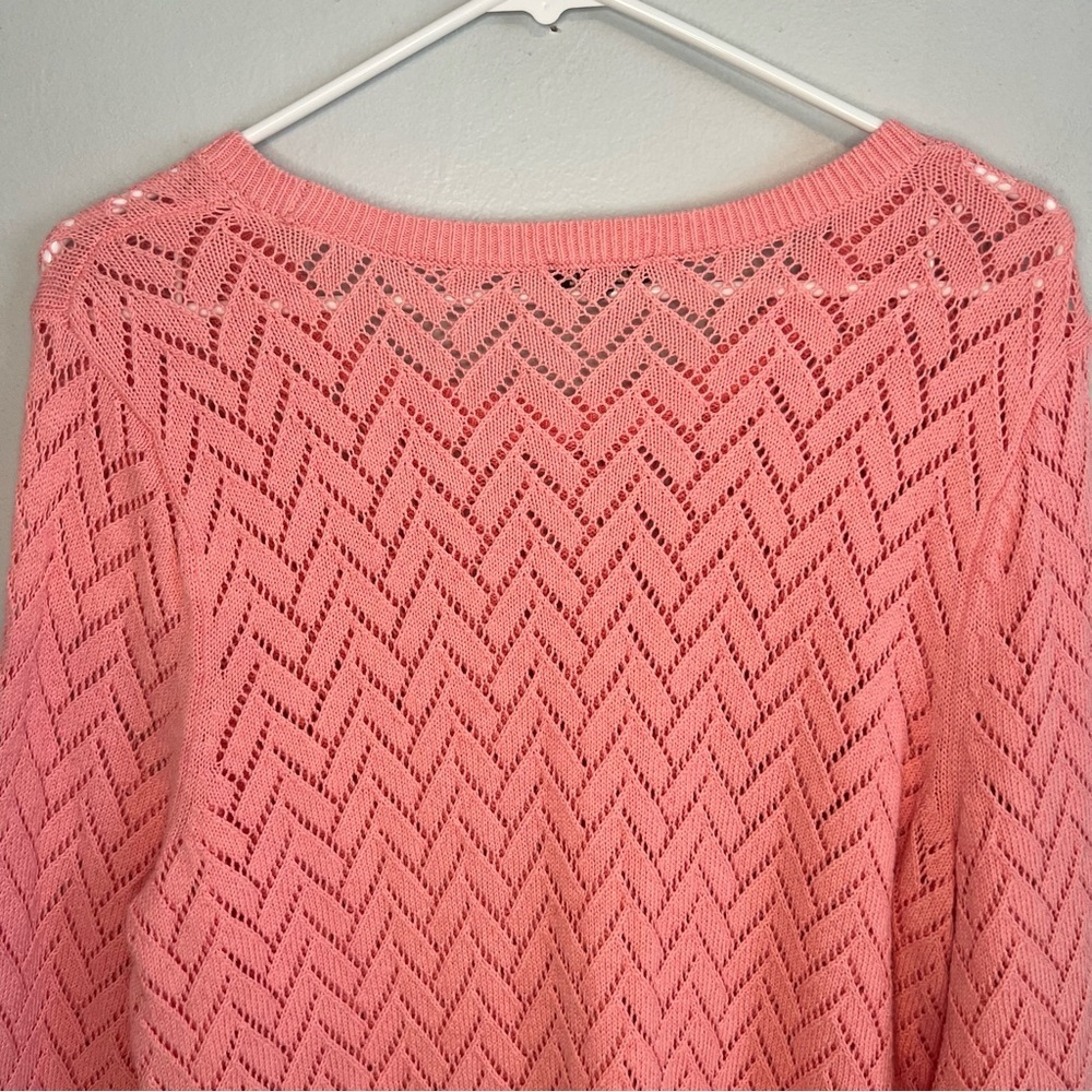 Talbots Womens PINK Open-Knit Chevron Pullover Linen Blend Sweater Sz L 3/4 Slee - Picture 10 of 11